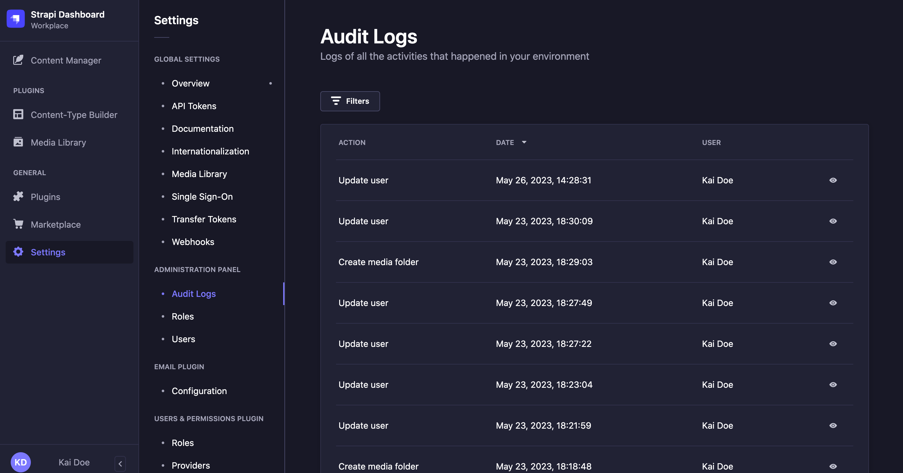 Audit Logs panel