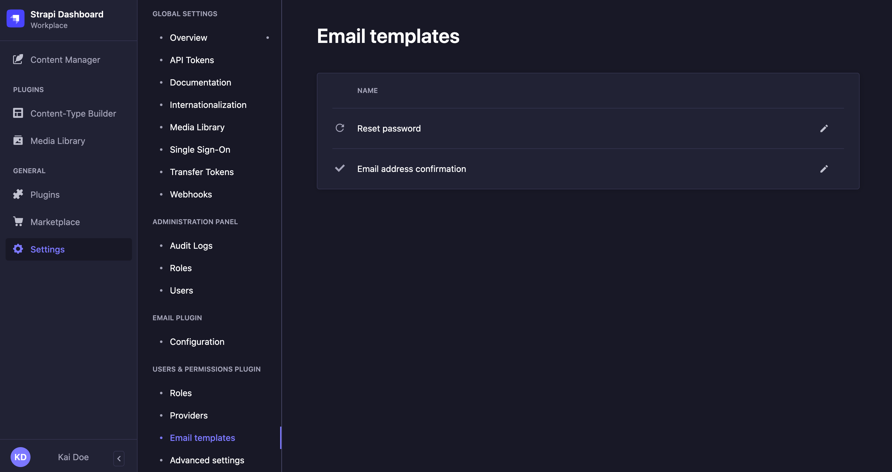 Email templates interface